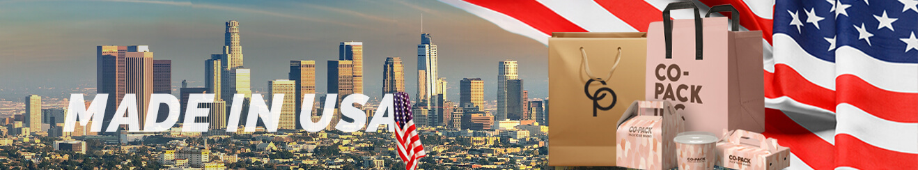 MADE IN USA banner overlaying the Los Angeles skyline and American flag, featuring various brown and pink branded paper bags and food service packaging.