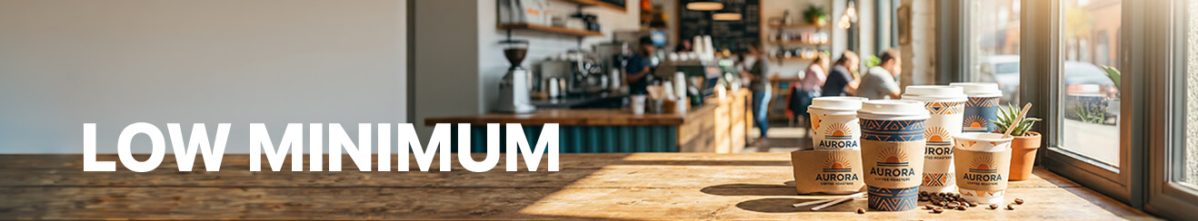 <br />
Low-Minimum banner showing several custom-branded coffee cup sleeves in various colors and textures on a wooden surface with coffee beans.